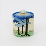 'Blue Firs' a Clarice Cliff Bizarre Cylindrical preserve pot and cover, painted in colours printed