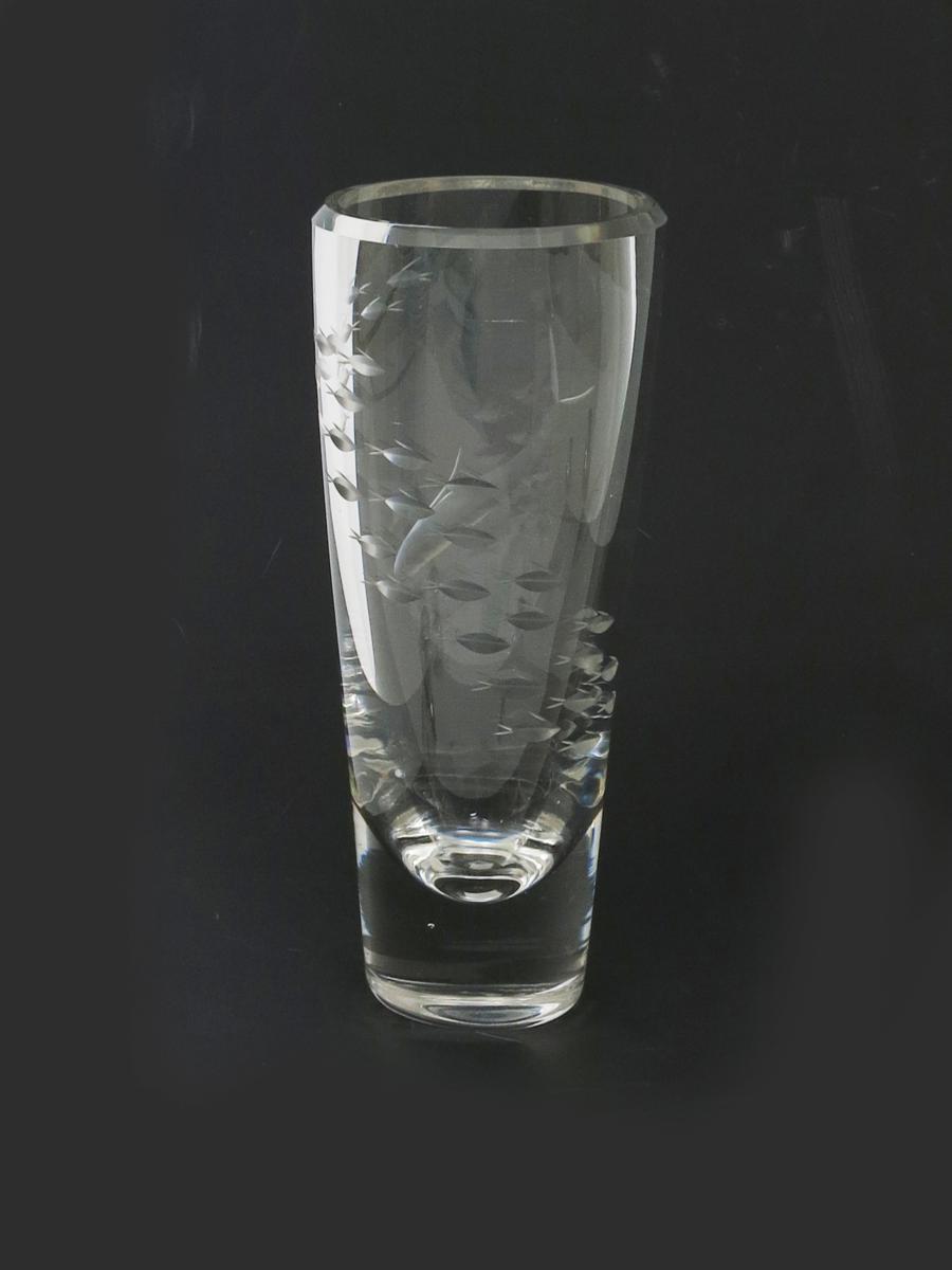 A Whitefriars etched glass vase probably by Geoffrey Baxter,  flaring cylindrical form, cut with - Image 2 of 2
