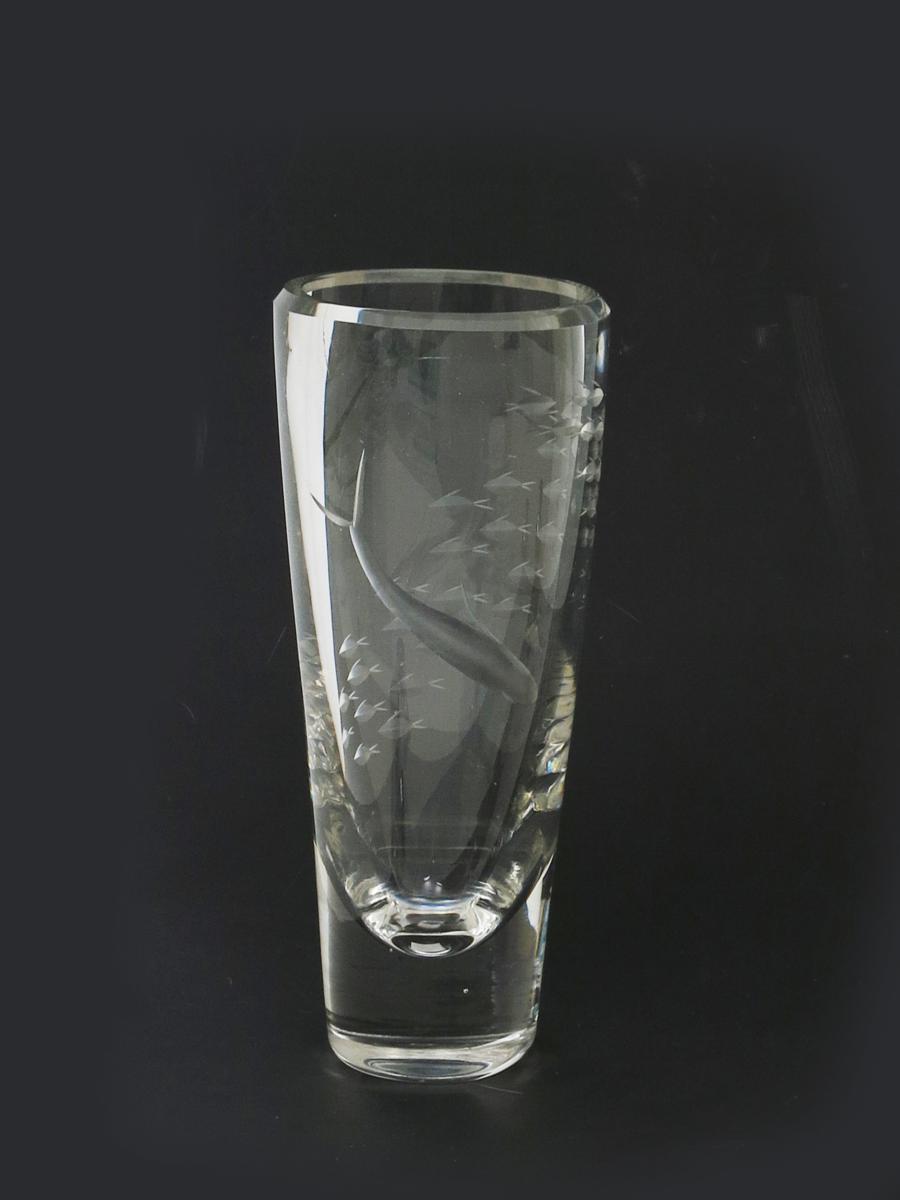 A Whitefriars etched glass vase probably by Geoffrey Baxter,  flaring cylindrical form, cut with
