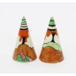 'Honolulu' a Clarice Cliff Conical salt and pepper pot cruet set, painted in colours printed