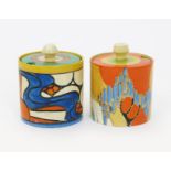 'Sunrise' a Clarice Cliff Fantasque Bizarre Cylindrical preserve pot and cover, painted in colours