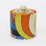 'Swirls' a Clarice Cliff Cylindrical preserve pot and cover, painted in colours printed factory