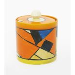 'Cubist' a Clarice Cliff Bizarre Cylindrical preserve pot and cover, painted in colours printed