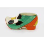 'Feather and Leaves' a Clarice Cliff Fantasque Bizarre Clog, painted in colours printed factory