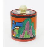 'Applique Avignon' a Clarice Cliff Bizarre Cylindrical preserve pot and cover, painted in colours