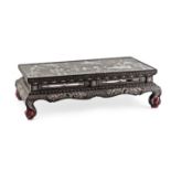 A CHINESE MOTHER OF PEARL INLAID BLACK LACQUER STAND MING DYNASTY The top decorated with a scene