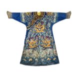 A CHINESE BLUE GROUND NINE DRAGON ROBE 19TH CENTURY Decorated with five-clawed dragons and flaming