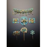 SEVEN CHINESE GILT METAL AND KINGFISHER FEATHER HAIR ORNAMENTS QING DYNASTY Three formed as