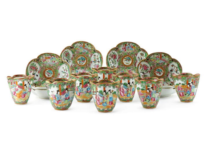 A SET OF EIGHT CHINESE CANTON FAMILLE ROSE TEA BOWLS AND SAUCERS 19TH CENTURY Typically decorated