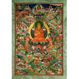 A TIBETAN THANGKA 19TH CENTURY Decorated with a central figure of Tsong Karpa, the leader of the