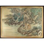 A CHINESE PAINTING ON SILK OF TWO SAGES 19TH CENTURY Seated on rocks on the bank of a river, with