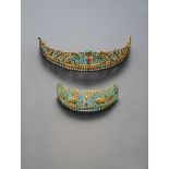 TWO CHINESE GILT METAL AND KINGFISHER FEATHER HAIR ORNAMENTS QING DYNASTY One with a central shou