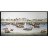 A LARGE CHINESE GOUACHE PAINTING OF THE BUND IN SHANGHAI MID-19TH CENTURY With many small boats,