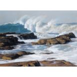 Kim Donaldson (South African b.1952) Waves on a rocky shore Signed Pastel on buff paper 52 x