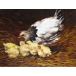 ‡ John Joseph Bellman / Ken Moroney (b.1949) A hen and chicks in straw Signed with initials Oil on