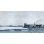 ‡ James McBey (1883-1959) Warehouses on the shore  Signed, dated 22 July 1930 and inscribed to