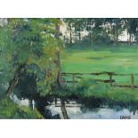 ‡ Charles Vincent Lamb (1893-1964) A paddock by a stream Signed Oil on board 30 x 40cm  ++Good