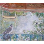 ‡ Dorothy Williams (20th Century) Pigeon on a balcony with passion flowers Oil on board 50.5 x 58.