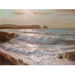 ‡ Julius Olsson R.A. (1864-1942) Ground Sea, Newquay, Cornwall Signed, also titled verso Oil on