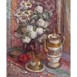 Piotr Ivanovich Petrovichev (Russian 1874-1947) Still life of flowers in a vase with a teapot Signed