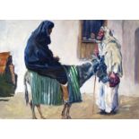 ‡ Erich Wolfsfeld (1885-1956) A woman on a donkey, led by an Arab Signed Oil on paper, laid down