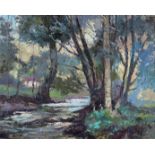 ‡ Ronald Ossory Dunlop R.A. (1894-1973) Woodland stream with a cottage beyond Signed Oil on board 40