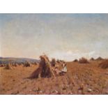 José Weiss (1859-1919) Harvest scene with children seated by corn stooks Signed Oil on panel 42 x