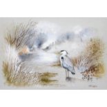 ‡ Gordon Beningfield (1936-1998) A heron in a winter river landscape Signed Watercolour on pale grey