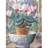 ‡ Nora Lucy Mowbray Cundell (1889-1948) Still life of Cyclamen in a Chinese bowl Signed, also signed