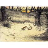 Cecil Aldin (1870-1935) Scenes of foxes and hunting Three, all mixed media over a printed base on