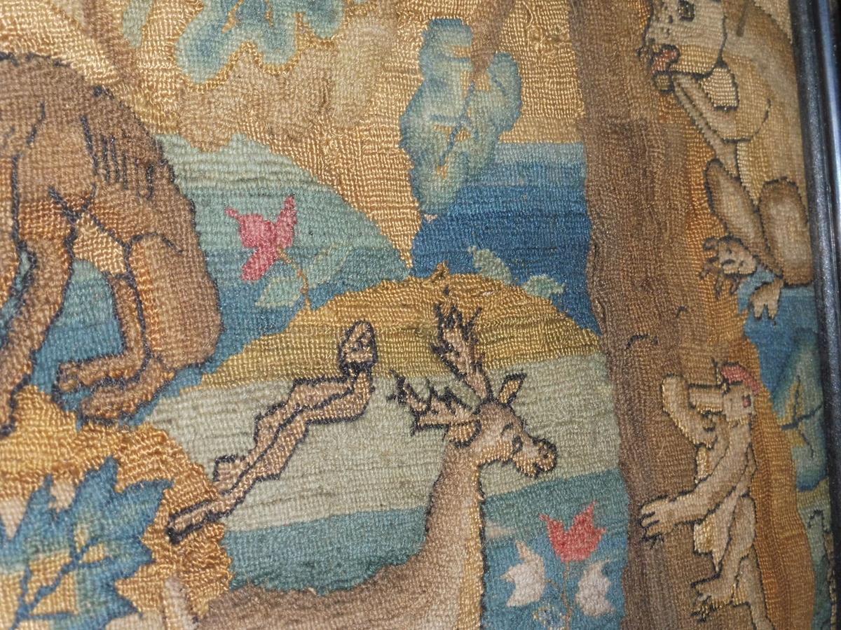 A needlework picture, worked in wool with some raised work, depicting a shepherd and shepherdess - Image 11 of 15