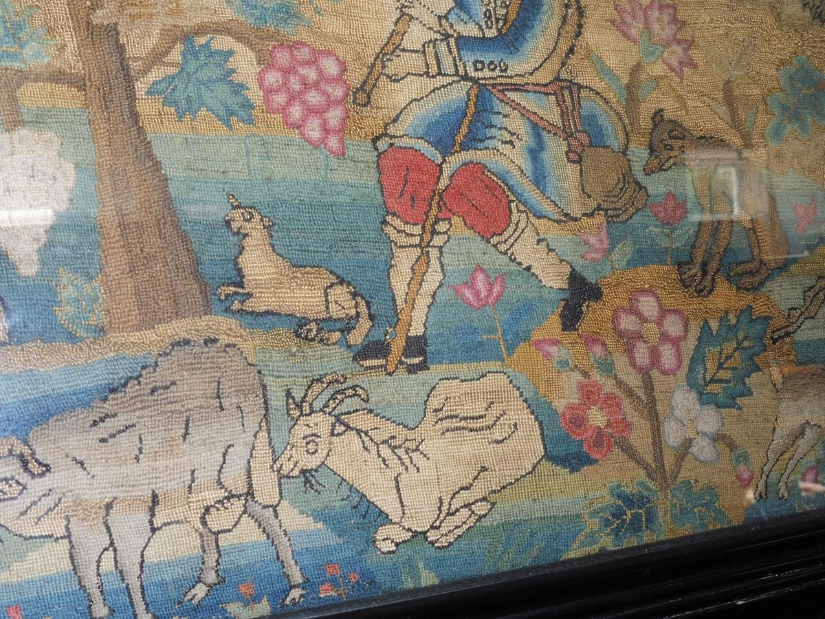 A needlework picture, worked in wool with some raised work, depicting a shepherd and shepherdess - Image 8 of 15