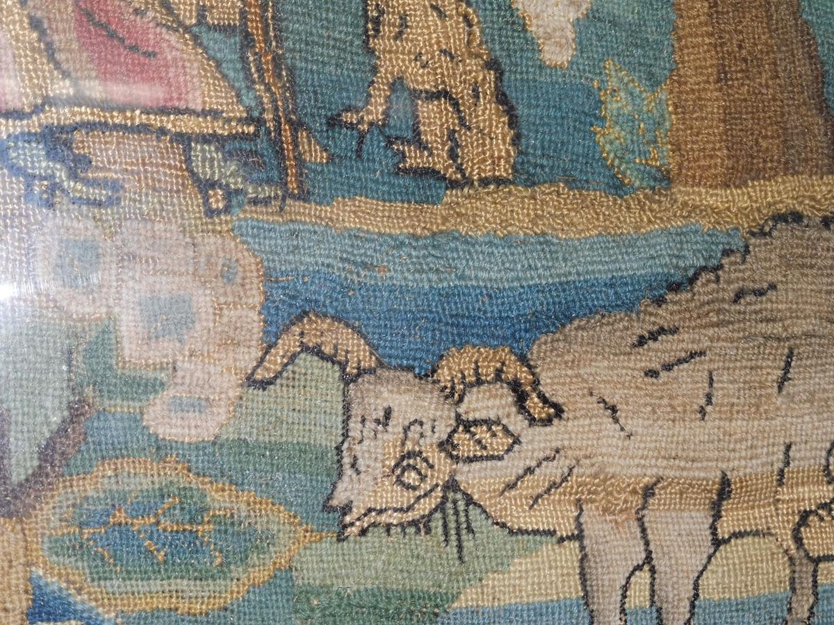 A needlework picture, worked in wool with some raised work, depicting a shepherd and shepherdess - Image 15 of 15