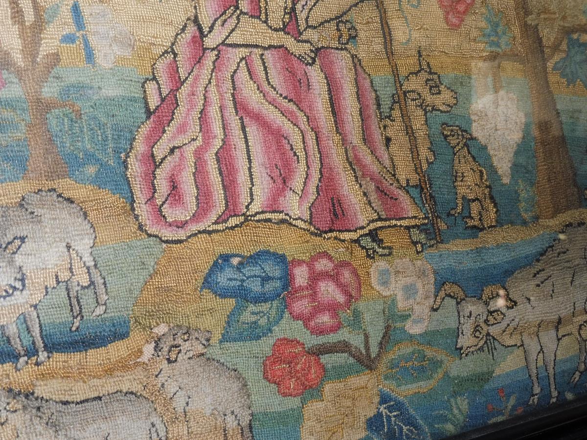A needlework picture, worked in wool with some raised work, depicting a shepherd and shepherdess - Image 5 of 15