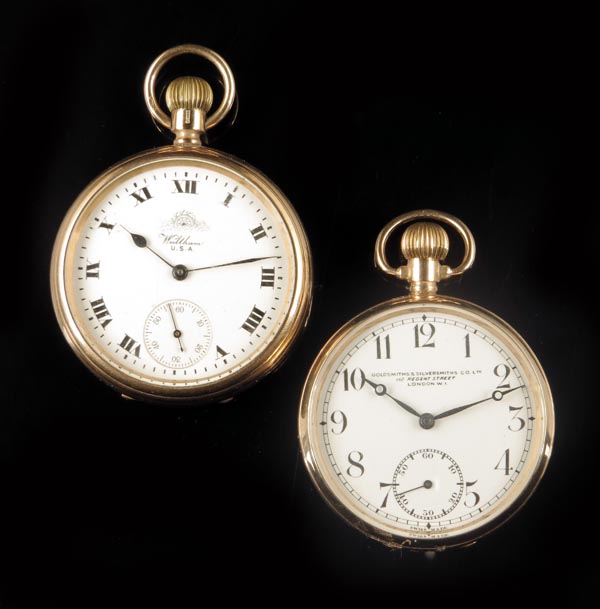 A 9ct gold keyless lever watch, Swiss nickel movement, white enamel dial signed Goldsmith &