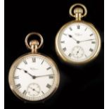 An 18ct gold keyless lever watch, white enamel dial signed Waltham, two-tone damascened nickel