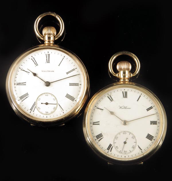 Two 9ct gold Waltham keyless lever watches, the first by AWW Co, Riverside, with screwed chatons and