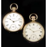 Two 9ct gold Waltham keyless lever watches, the first by AWW Co, Riverside, with screwed chatons and