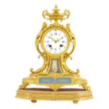 A French porcelain mounted ormolu mantel clock, white enamel dial with faded signature of Grohe,