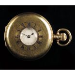 An 18ct gold half hunting cased keyless lever watch, damascened nickel movement by AWW Co,