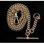 A 15ct gold watch chain, of curb link form, with T bar and single dog clip.