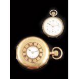 A 9ct gold half hunting cased keyless lever watch, damascened nickel movement jewelled to the