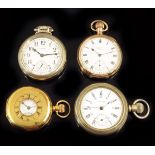 Four American watches: a nickel exhibition cased watch by AWW Co, Waltham, white enamel dial