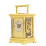 A striking carriage clock with rare gilt lacquer on glass sides, repeating movement signed Alfred