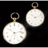 A Swiss gold lever watch, white enamel dial signed Robert Roskell, London, 4201, bar movement in a