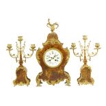 A French Vernis Martin clock garniture, cream enamel dial, striking movement by Japy Freres, no.