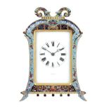 A champleve enamel mantel clock, white enamel dial signed West & Son, Paris, French drum movement