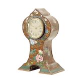 A cloisonne enamel mantel timepiece, drum movement by Richard & Cie with lever platform and silvered