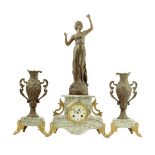 A French bronzed spelter and marble clock garniture, striking movement by S. Marti with floral