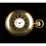 An 18ct gold half hunting cased lever watch, Swiss gilt movement, white enamel dial, in a